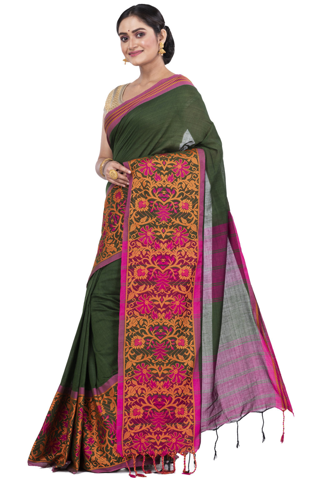 Dark Green Pure Cotton Begompuri_Hand Hand Loom Saree (672)